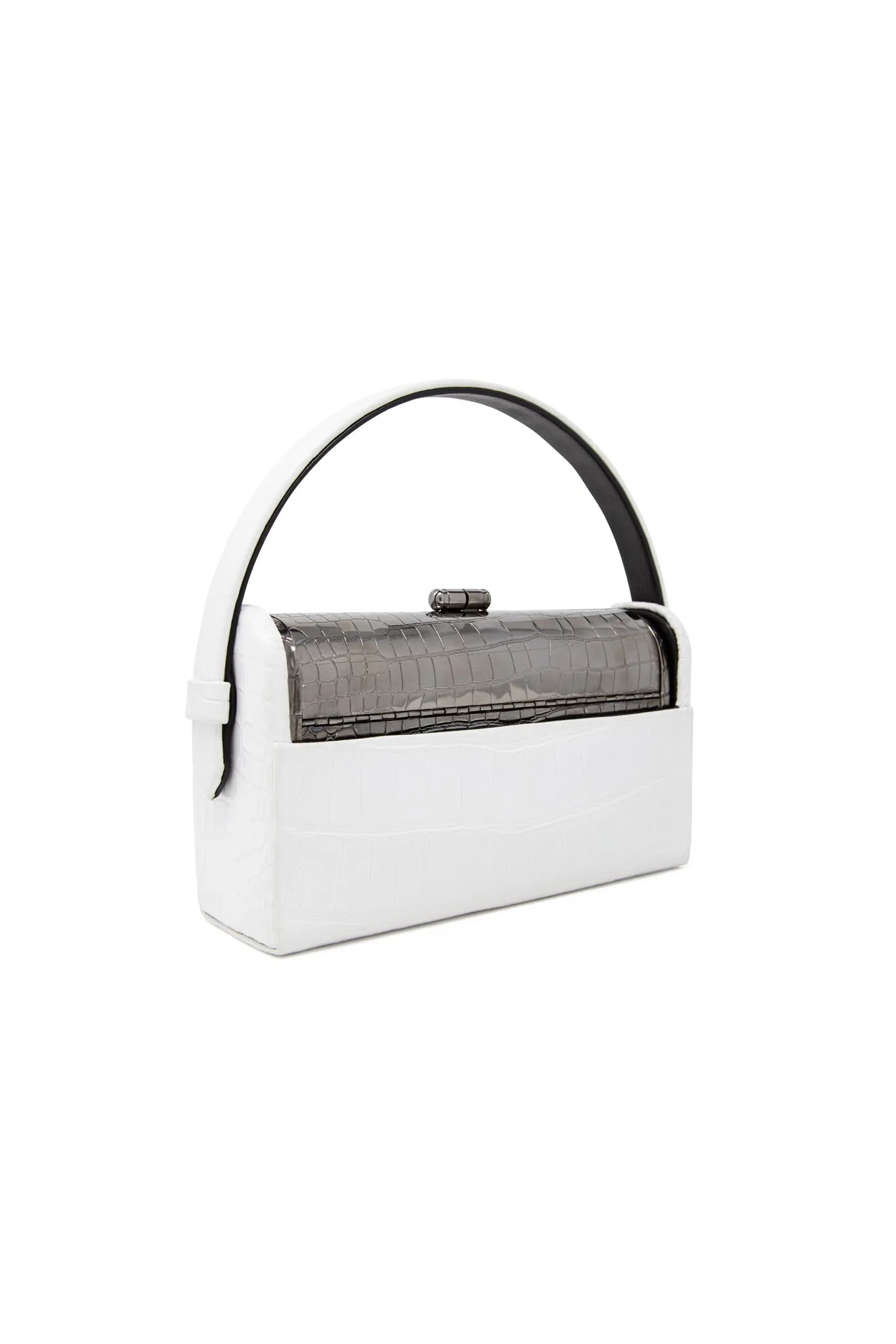 Gunmetal Croco Régine Minaudière with White Shiny Alligator Case