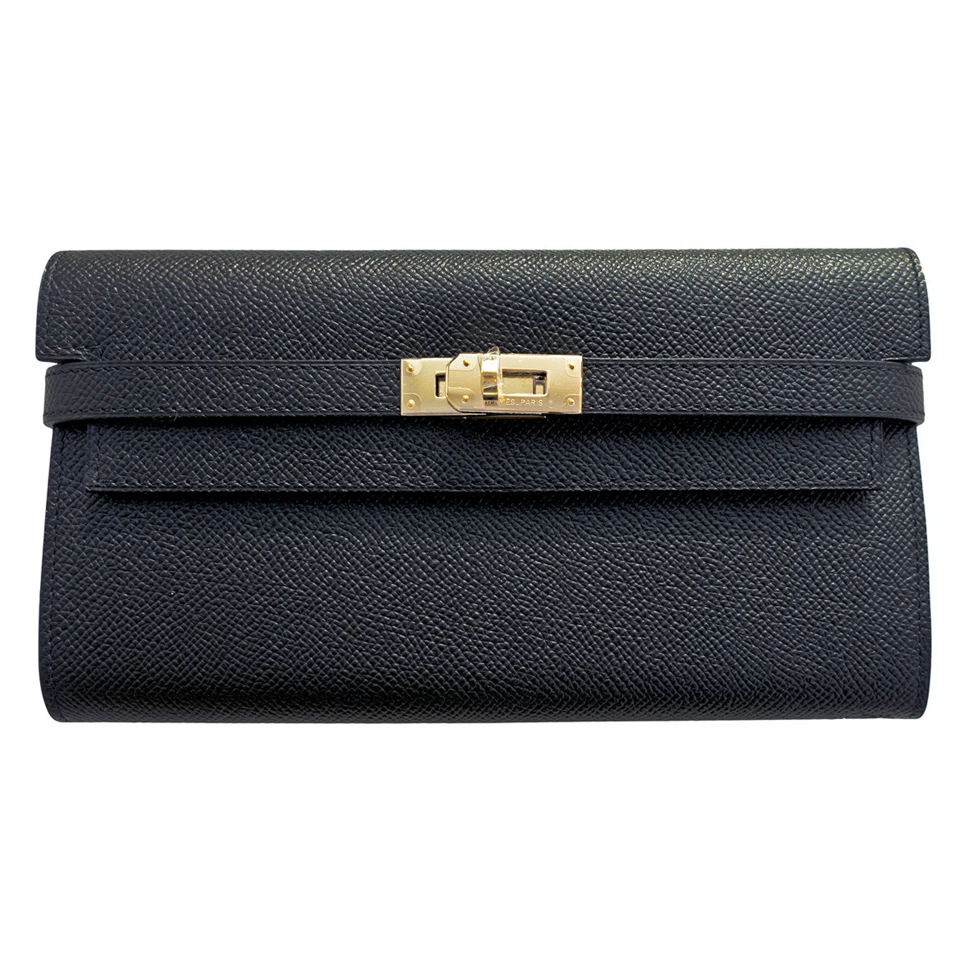 Hermes Black Epsom Permabrass Kelly Long Wallet Clutch Super Rare