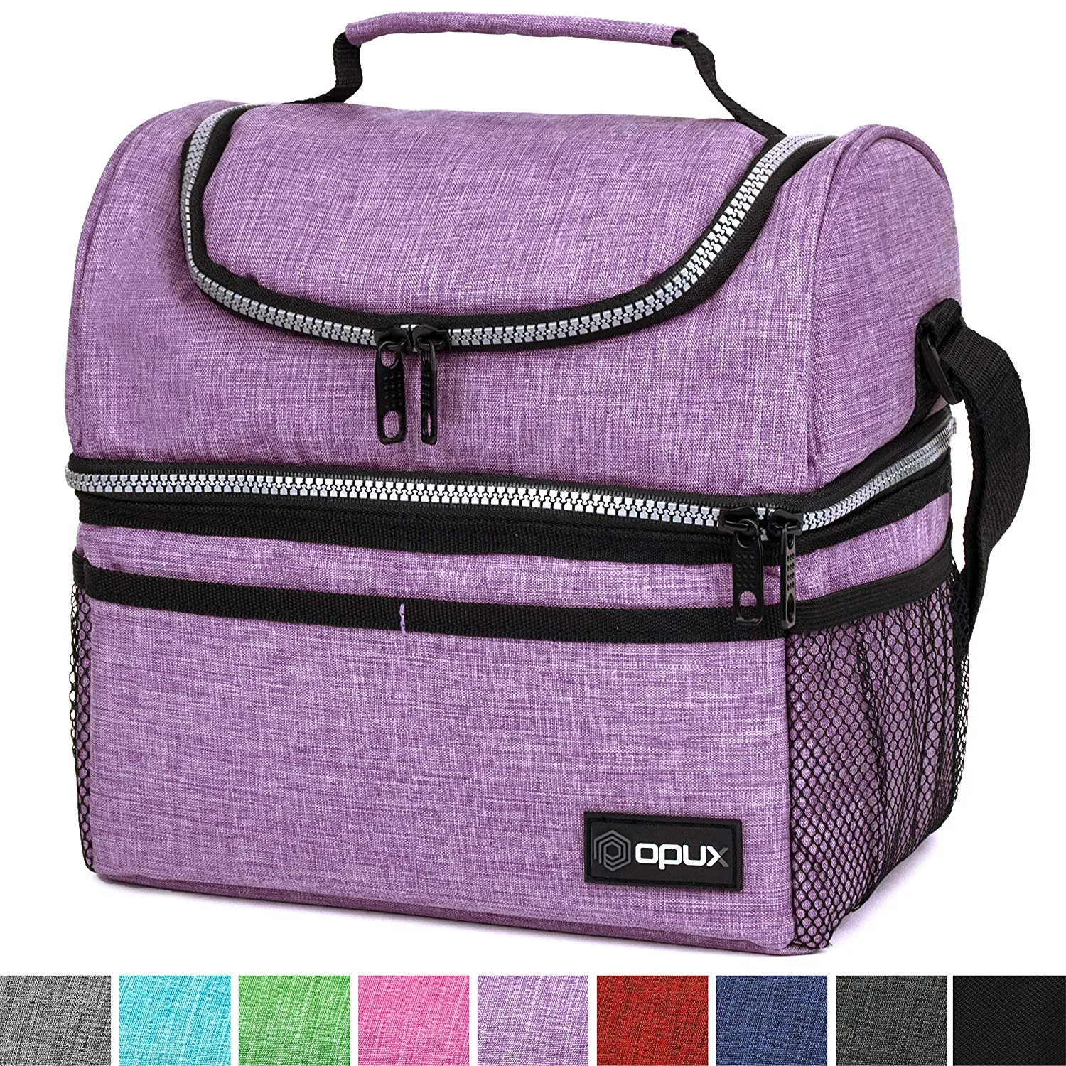 Insulated Dual Compartment Lunch Bag for Women, Ladies | Double Deck Reusable Lunch Box Cooler with Shoulder Strap, Leakproof Liner | Medium Lunch Pail for School, Work, Office (Heather Purple)