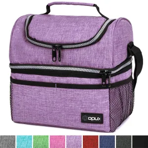 Insulated Dual Compartment Lunch Bag for Women, Ladies | Double Deck Reusable Lunch Box Cooler with Shoulder Strap, Leakproof Liner | Medium Lunch Pail for School, Work, Office (Heather Purple)