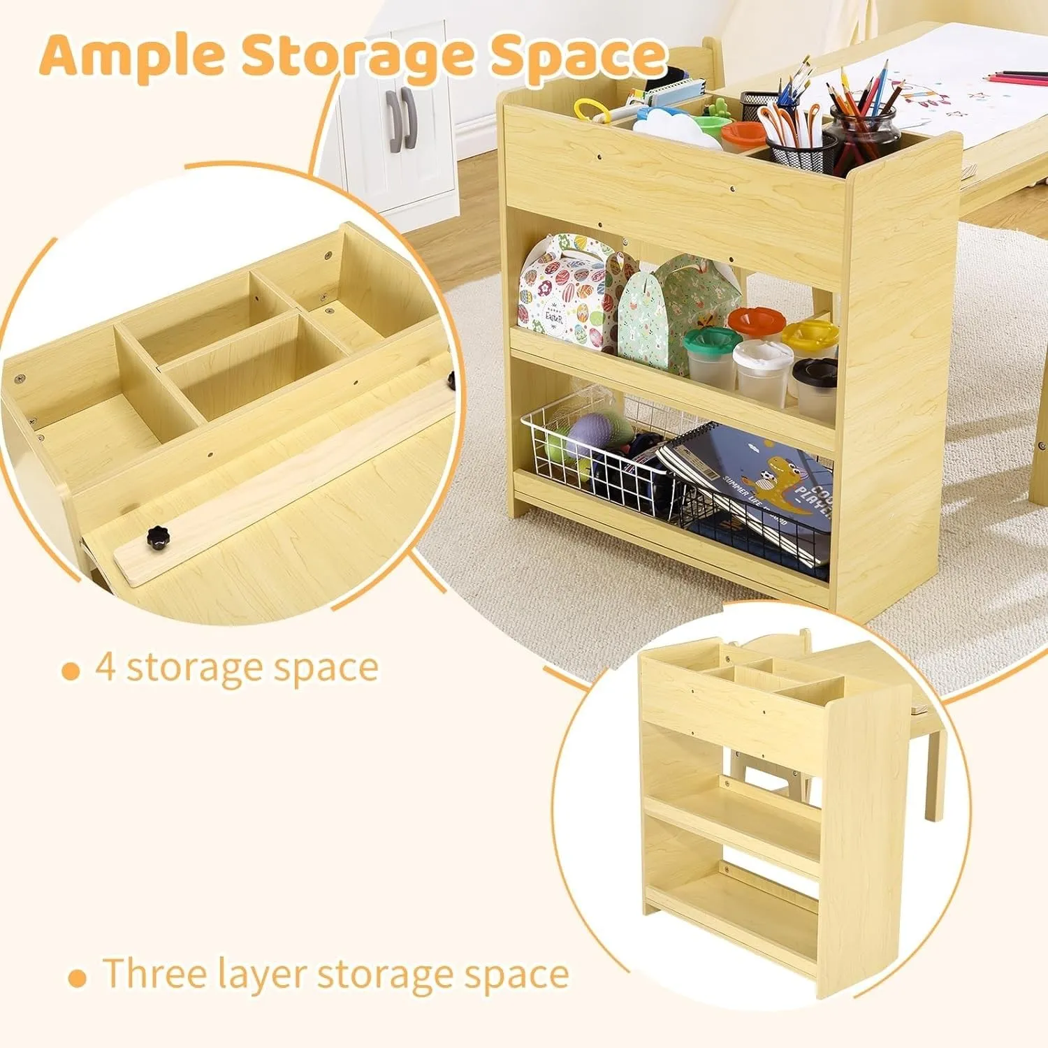 Kids Art Table and 2 Chairs Craft with Large Storage Shelves Yellow