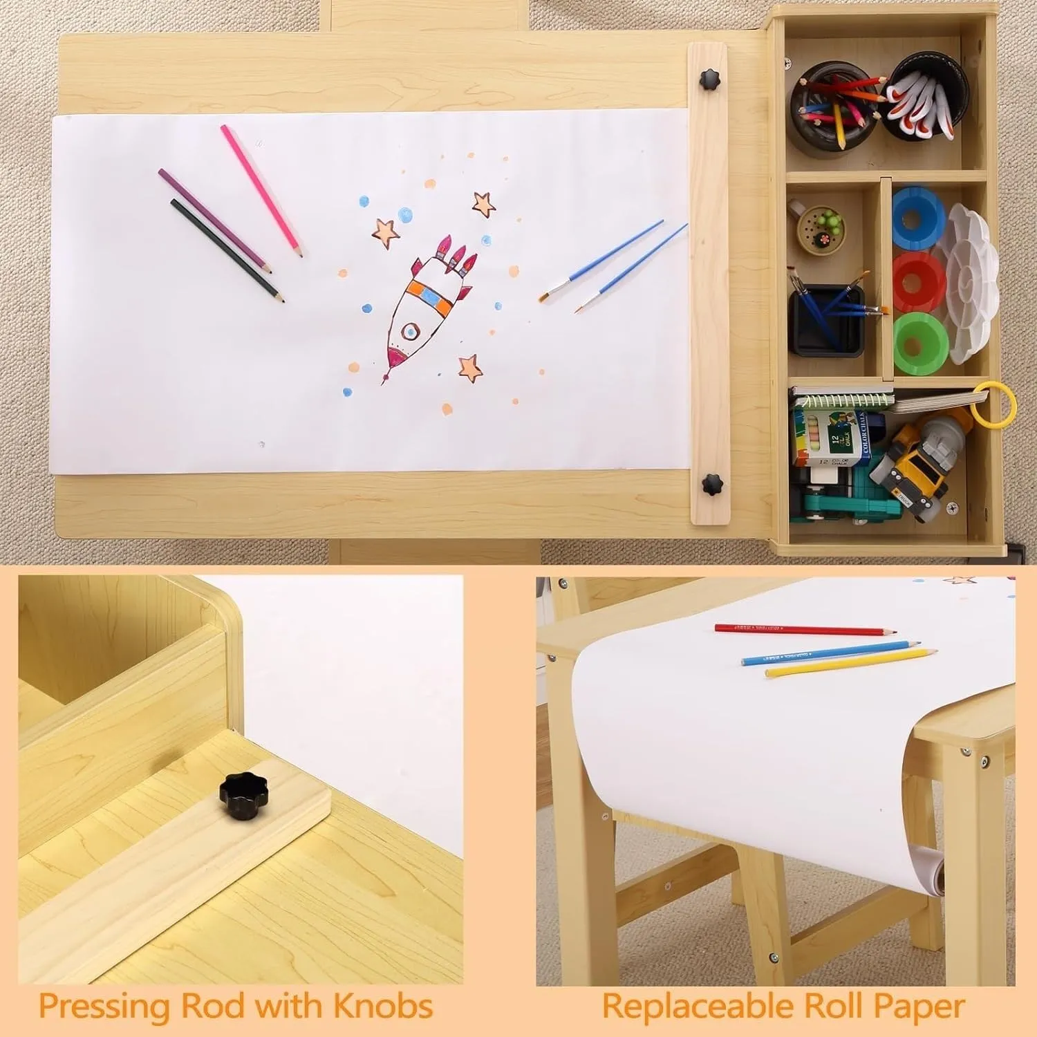 Kids Art Table and 2 Chairs Craft with Large Storage Shelves Yellow
