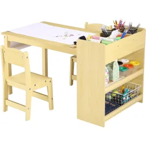 Kids Art Table and 2 Chairs Craft with Large Storage Shelves Yellow