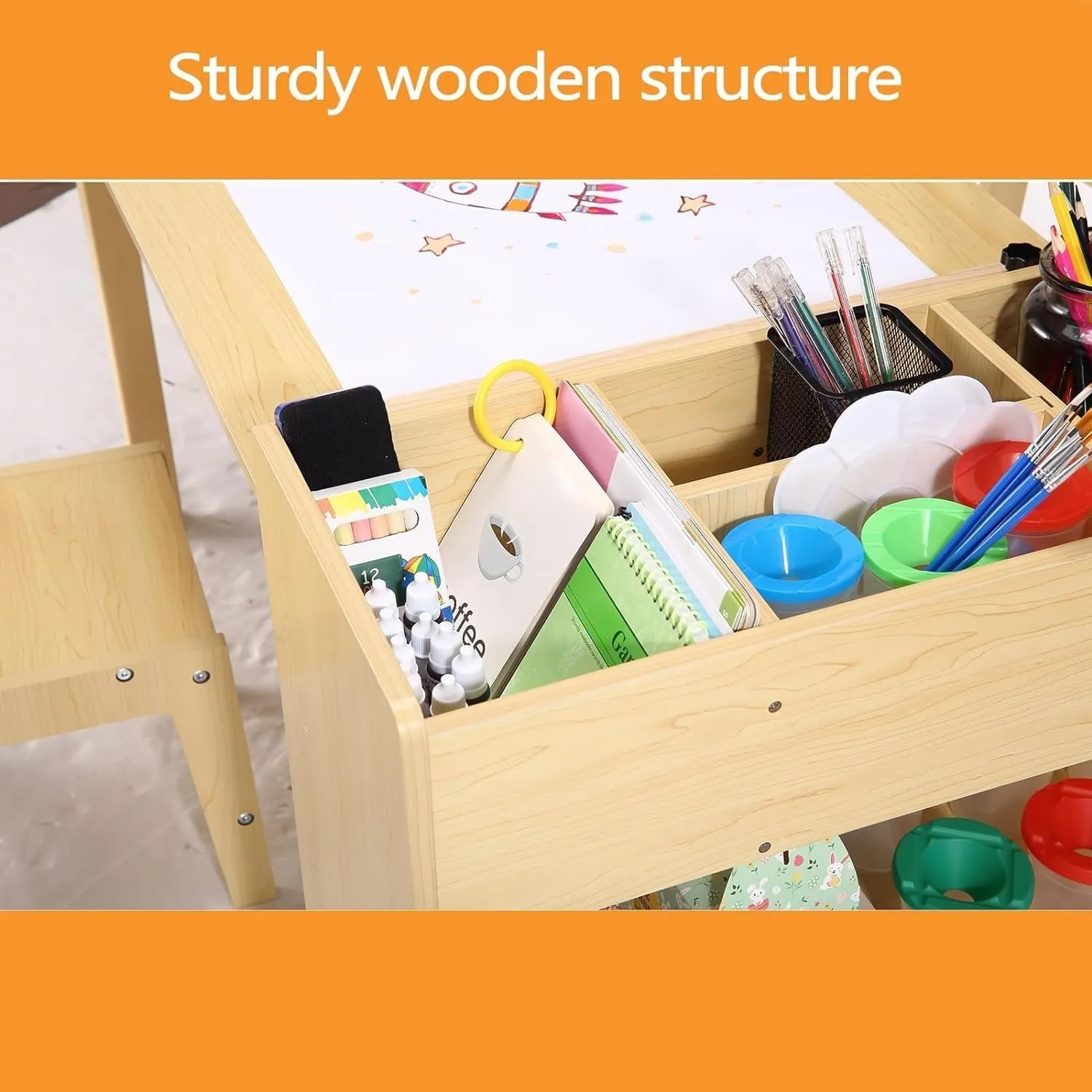 Kids Art Table and 2 Chairs Craft with Large Storage Shelves Yellow