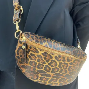 Leather Leopard Print Sling Bag - Golden