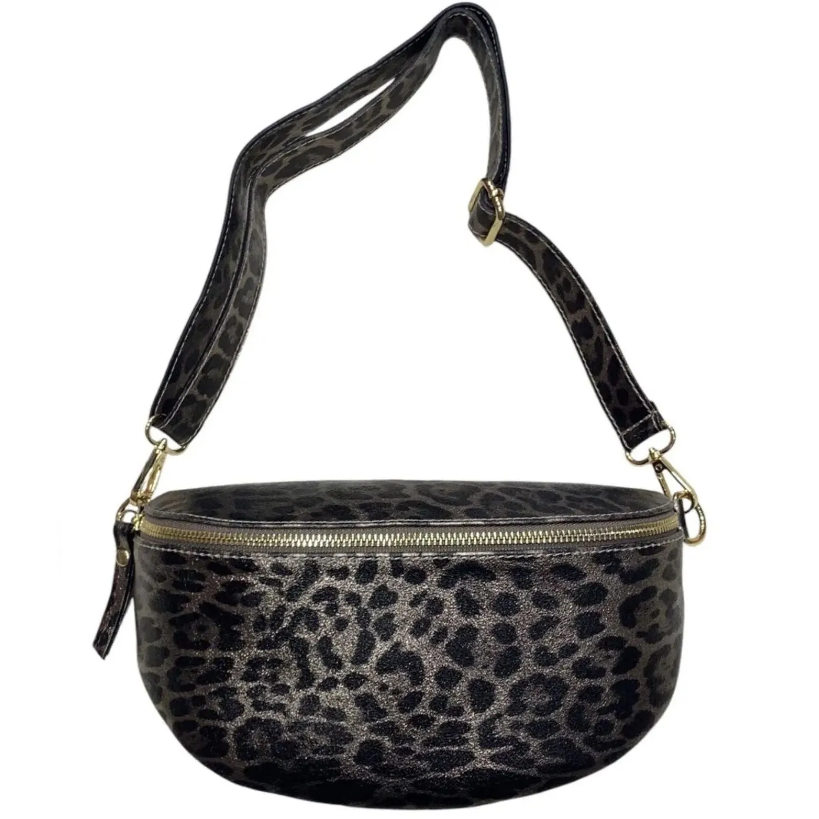 Leather Leopard Print Sling Bag - Pewter