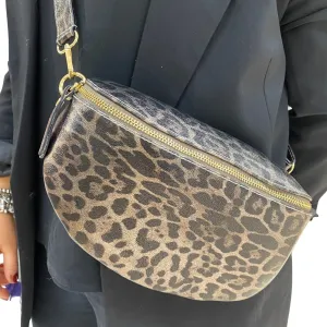 Leather Leopard Print Sling Bag - Pewter