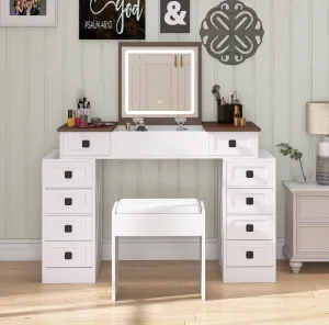 Makeup Vanity Desk with Flip-Up Mirror, LED Lights, and 10 Drawers