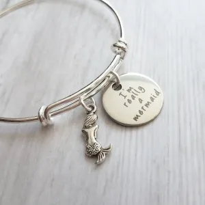 Mermaid Charm Bracelet - silver adjustable wire bangle - fantasy vacation sea theme underwater birthday gift - I'm really a mermaid
