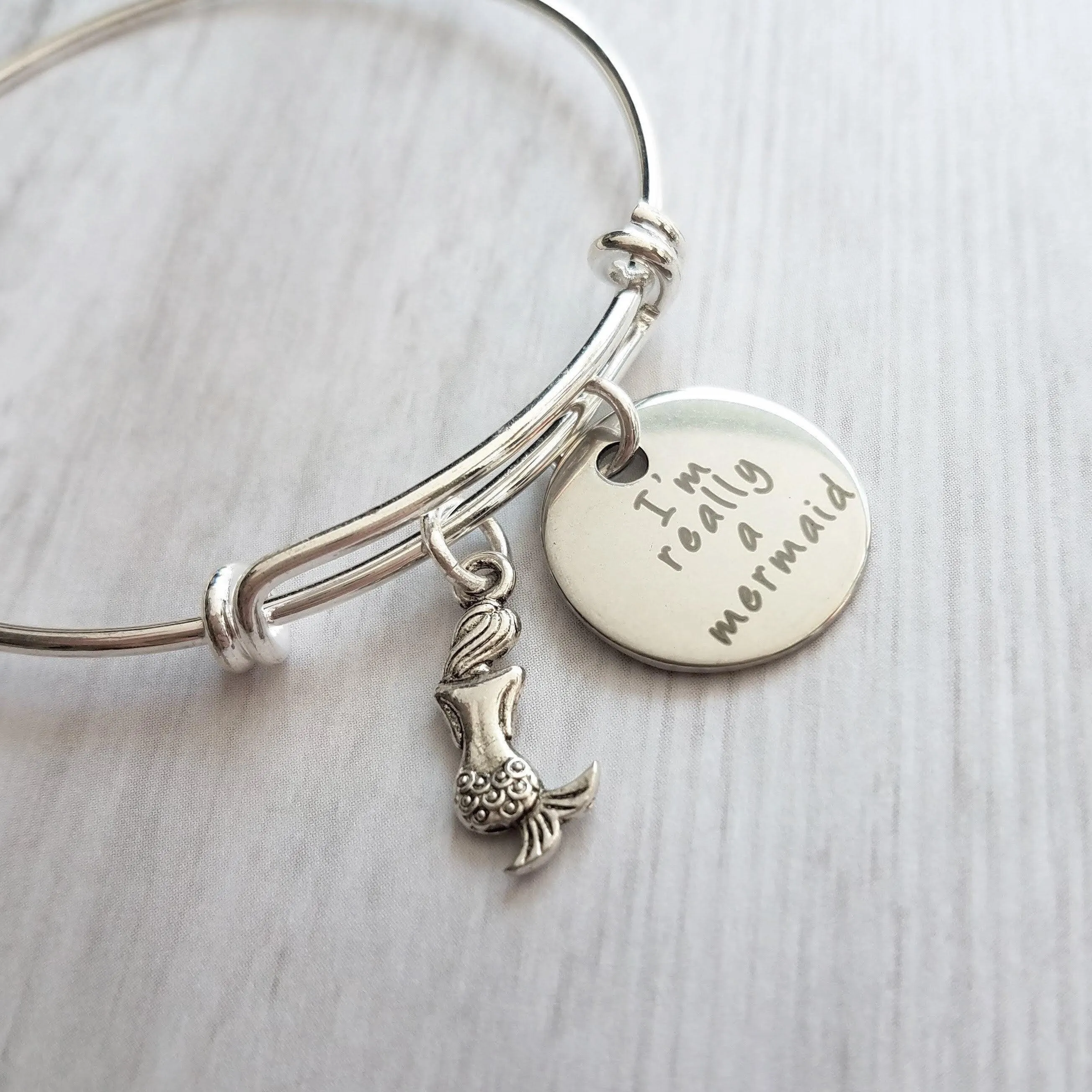 Mermaid Charm Bracelet - silver adjustable wire bangle - fantasy vacation sea theme underwater birthday gift - I'm really a mermaid