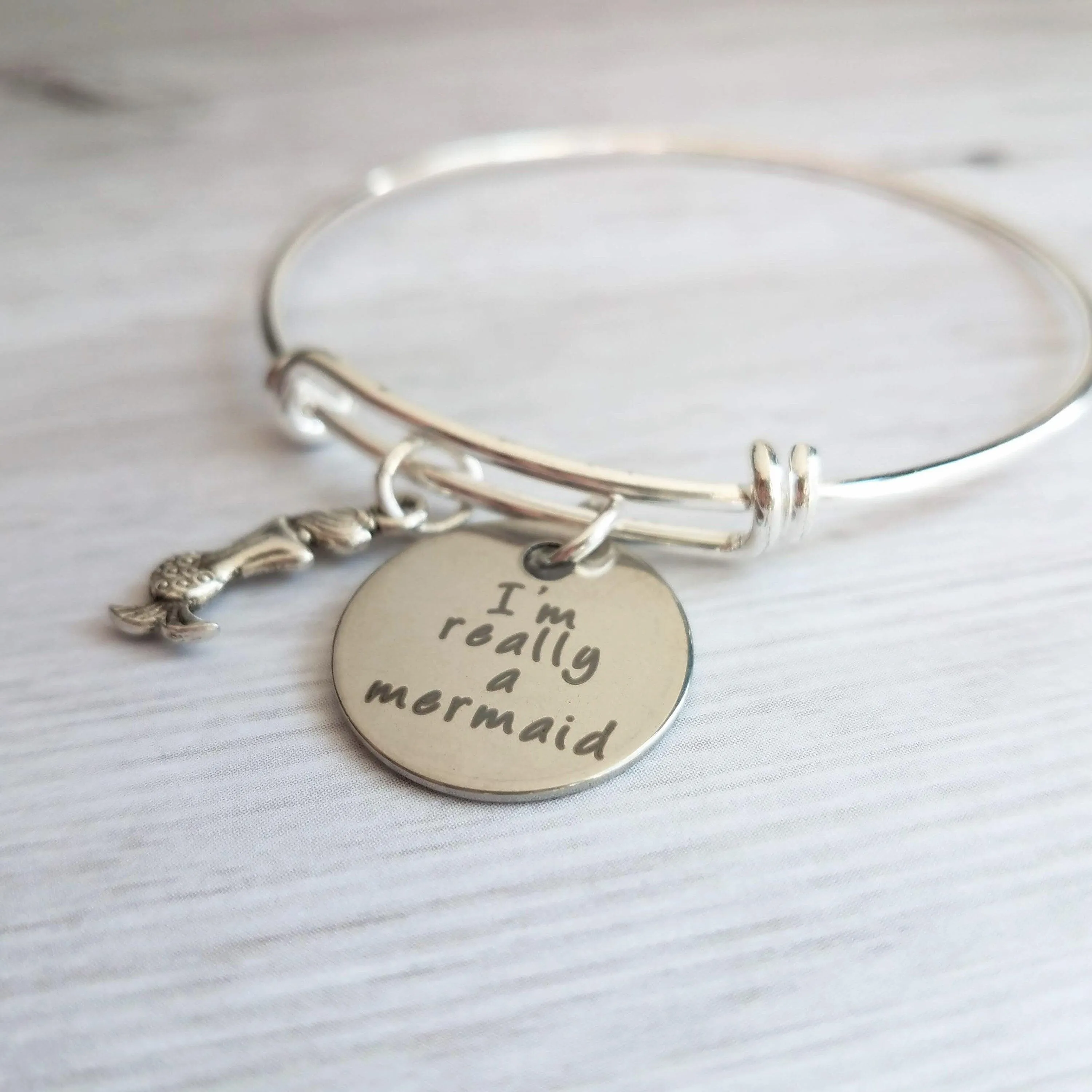 Mermaid Charm Bracelet - silver adjustable wire bangle - fantasy vacation sea theme underwater birthday gift - I'm really a mermaid