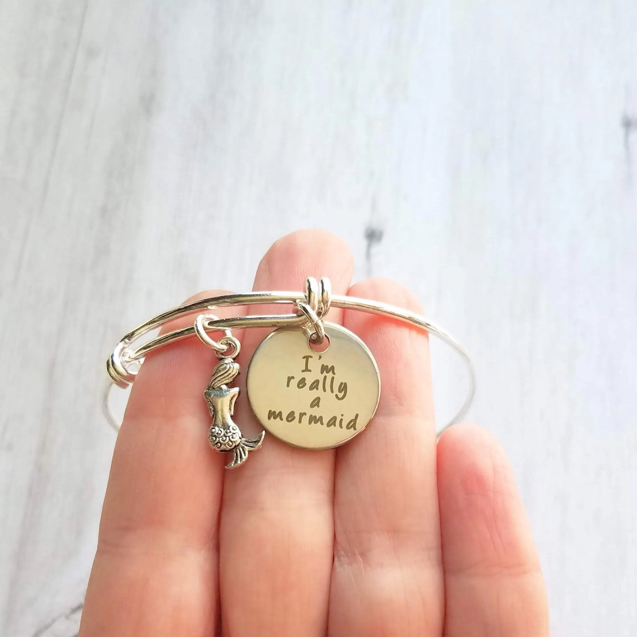Mermaid Charm Bracelet - silver adjustable wire bangle - fantasy vacation sea theme underwater birthday gift - I'm really a mermaid