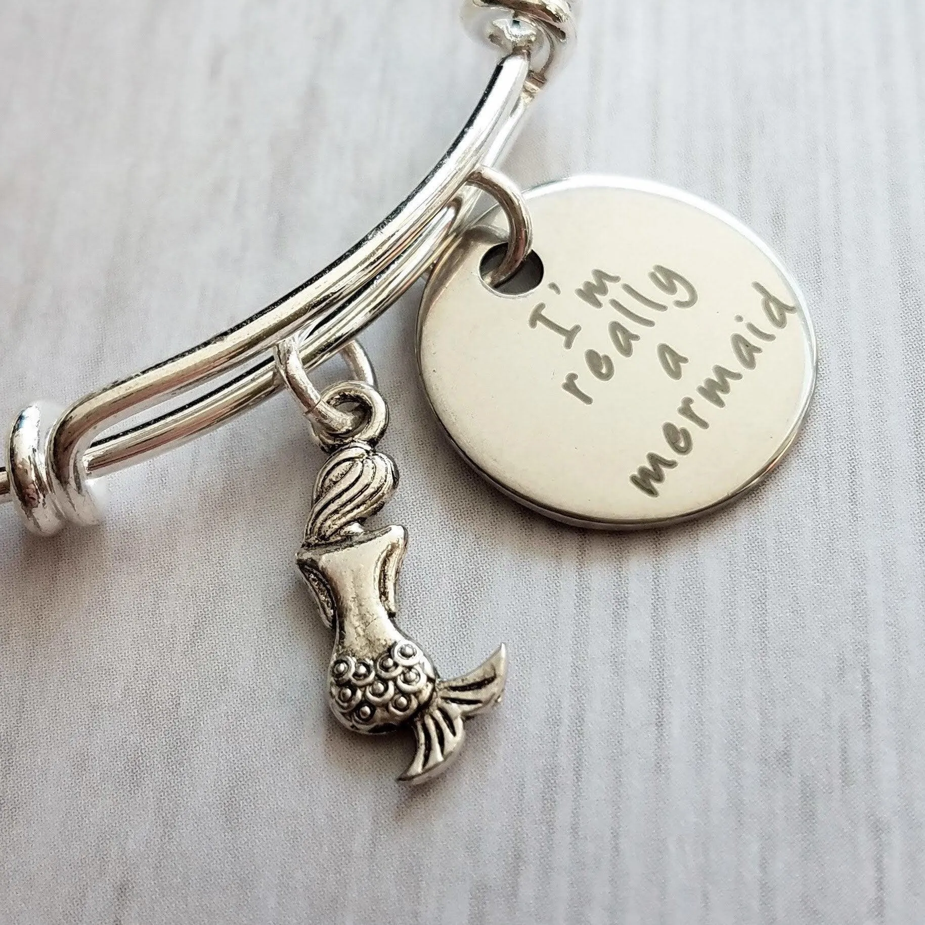 Mermaid Charm Bracelet - silver adjustable wire bangle - fantasy vacation sea theme underwater birthday gift - I'm really a mermaid