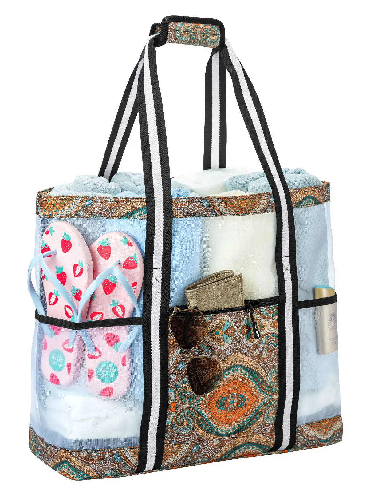 Mesh Beach Bag for Women -Extra Large Beach Tote Bag with 5 Oversized Pockets Grocery Tote Travel Bag with Top Zipper