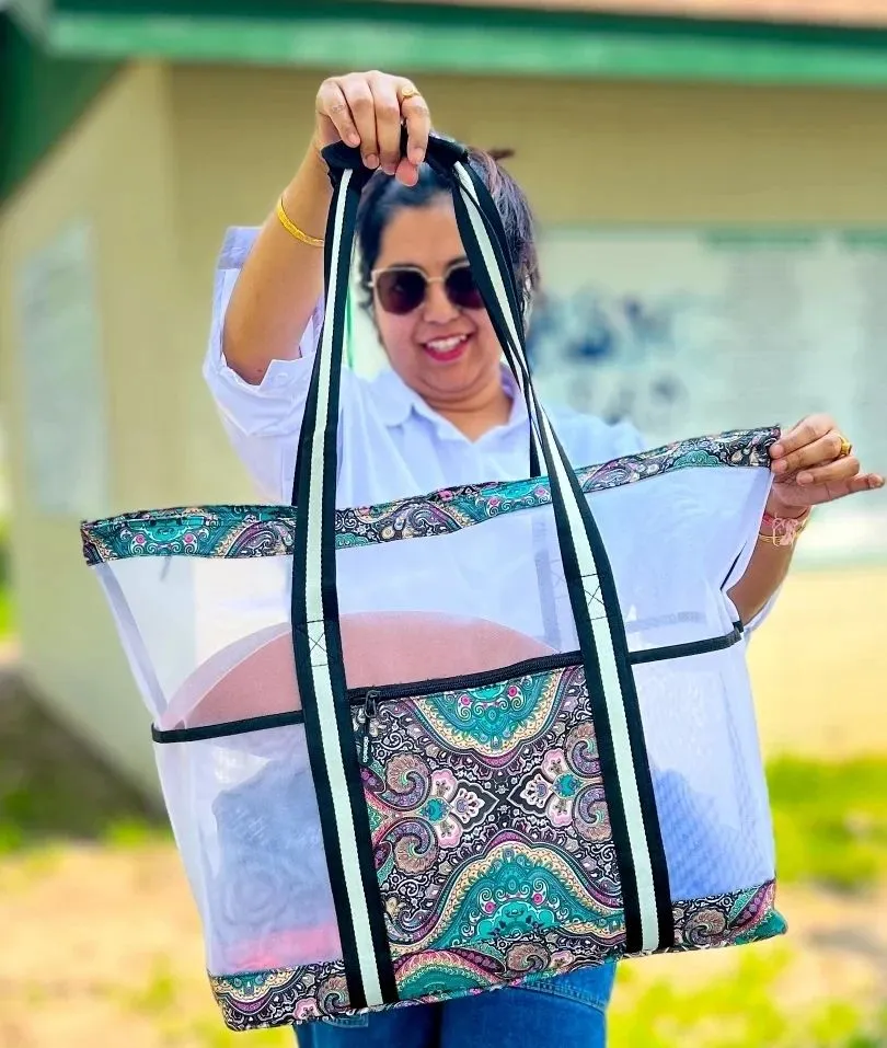 Mesh Beach Bag for Women -Extra Large Beach Tote Bag with 5 Oversized Pockets Grocery Tote Travel Bag with Top Zipper