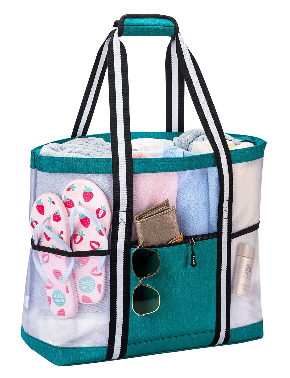Mesh Beach Bag for Women -Extra Large Beach Tote Bag with 5 Oversized Pockets Grocery Tote Travel Bag with Top Zipper