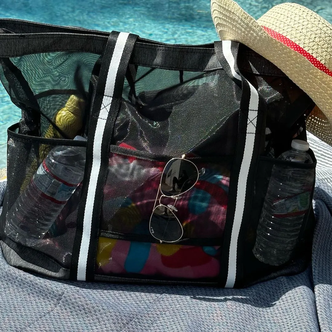 Mesh Beach Bag for Women -Extra Large Beach Tote Bag with 5 Oversized Pockets Grocery Tote Travel Bag with Top Zipper