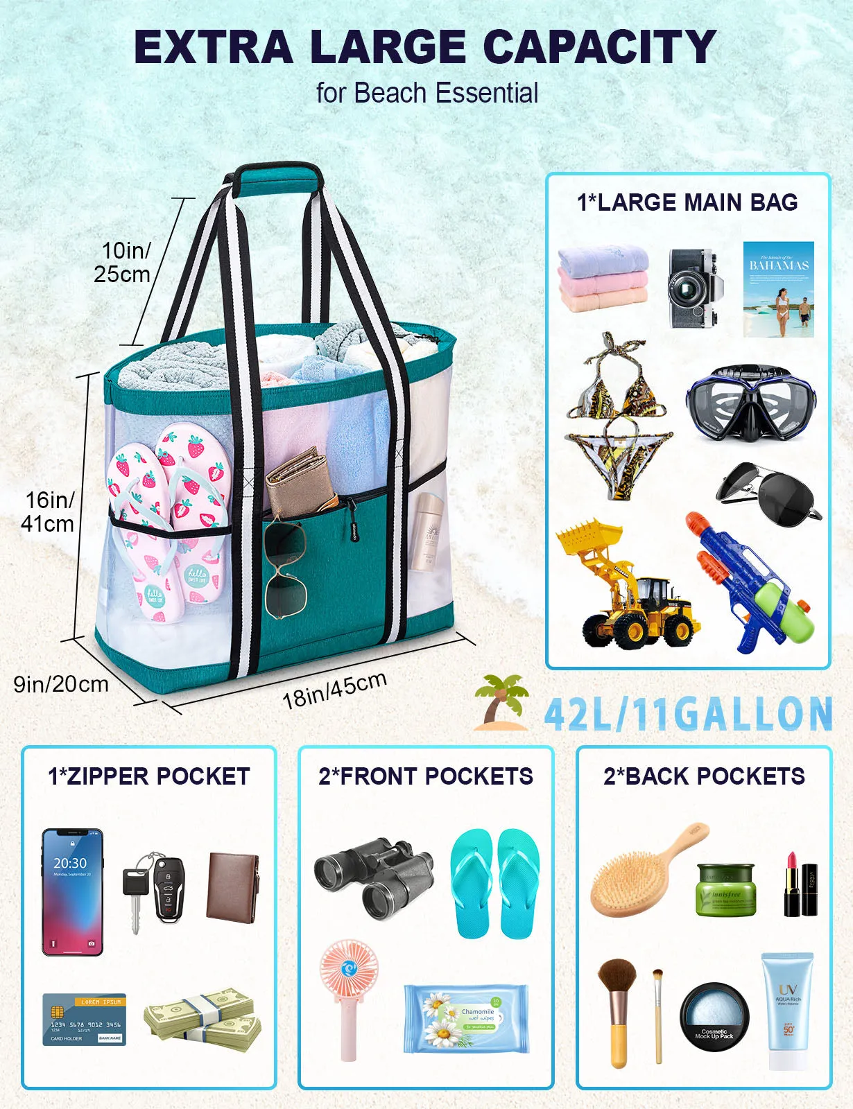 Mesh Beach Bag for Women -Extra Large Beach Tote Bag with 5 Oversized Pockets Grocery Tote Travel Bag with Top Zipper