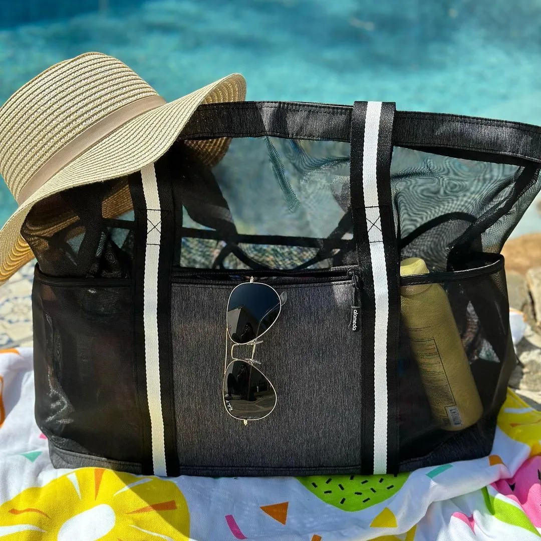 Mesh Beach Bag for Women -Extra Large Beach Tote Bag with 5 Oversized Pockets Grocery Tote Travel Bag with Top Zipper