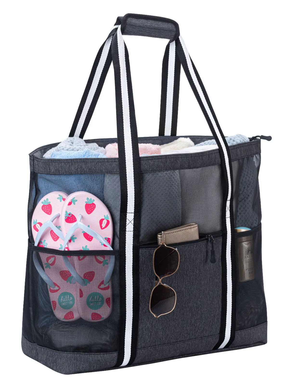 Mesh Beach Bag for Women -Extra Large Beach Tote Bag with 5 Oversized Pockets Grocery Tote Travel Bag with Top Zipper