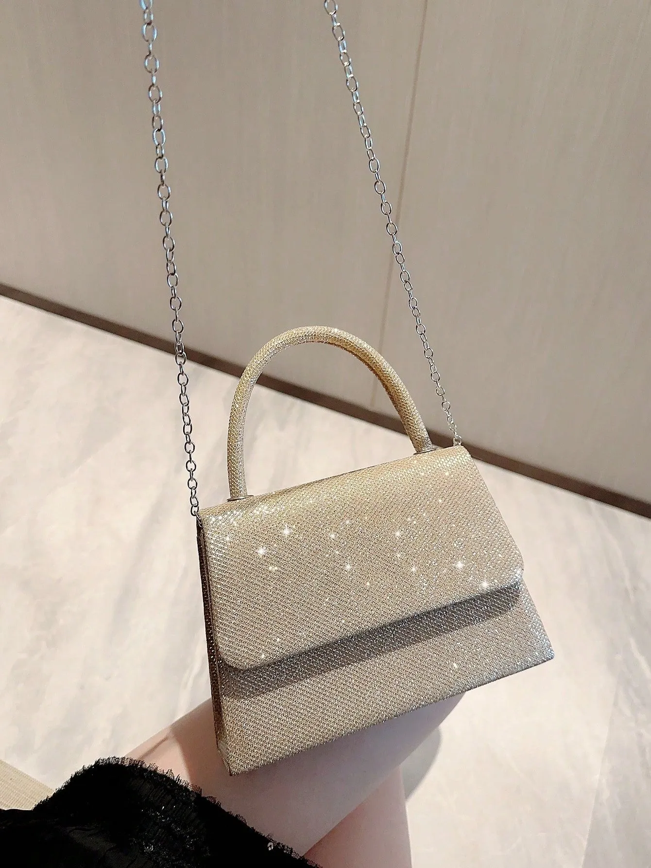 Mini Glitter Glamorous Chain Strap Square Bag - Gold