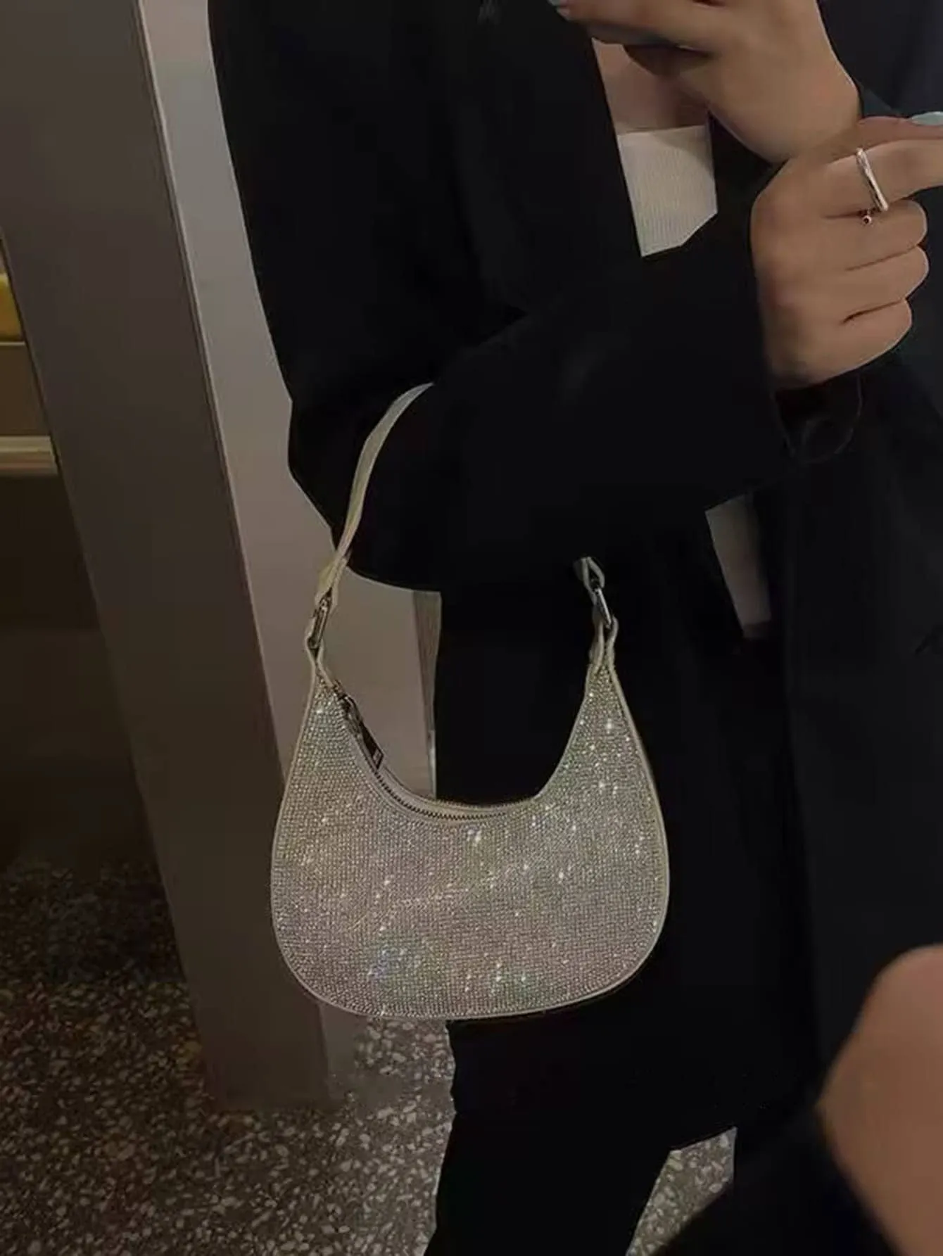 Mini Rhinestone Decor Chain Hobo Bag - Beige