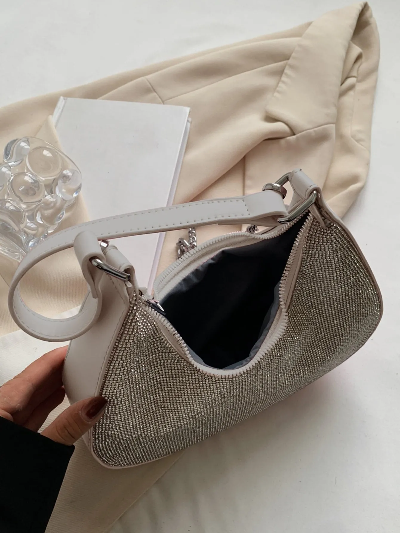 Mini Rhinestone Decor Chain Hobo Bag - Beige