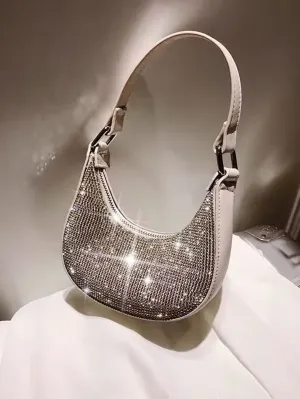 Mini Rhinestone Decor Chain Hobo Bag - Beige