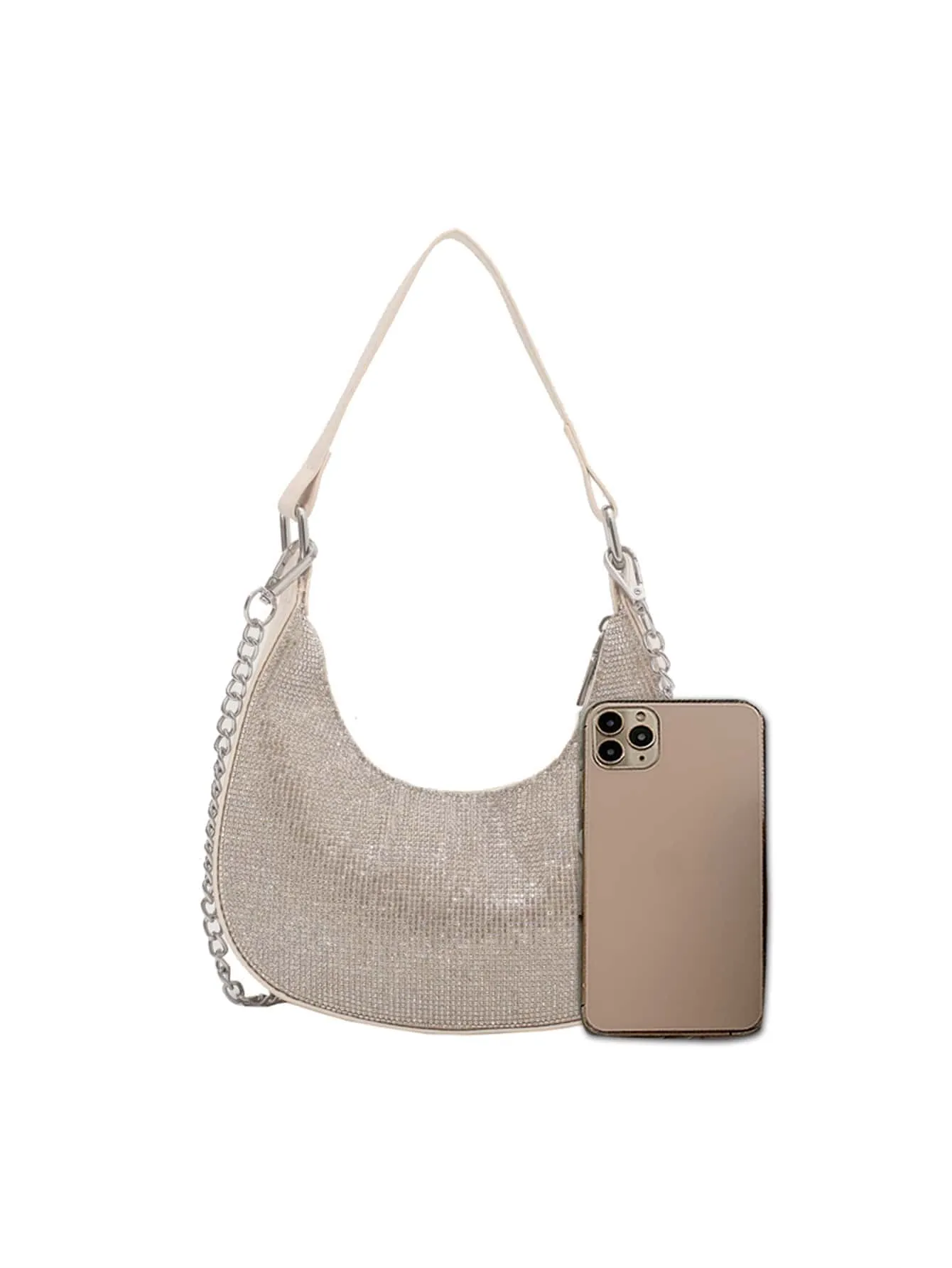 Mini Rhinestone Decor Chain Hobo Bag - Beige