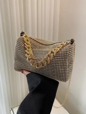 Mini Rhinestone Decor Square Bag - Golden