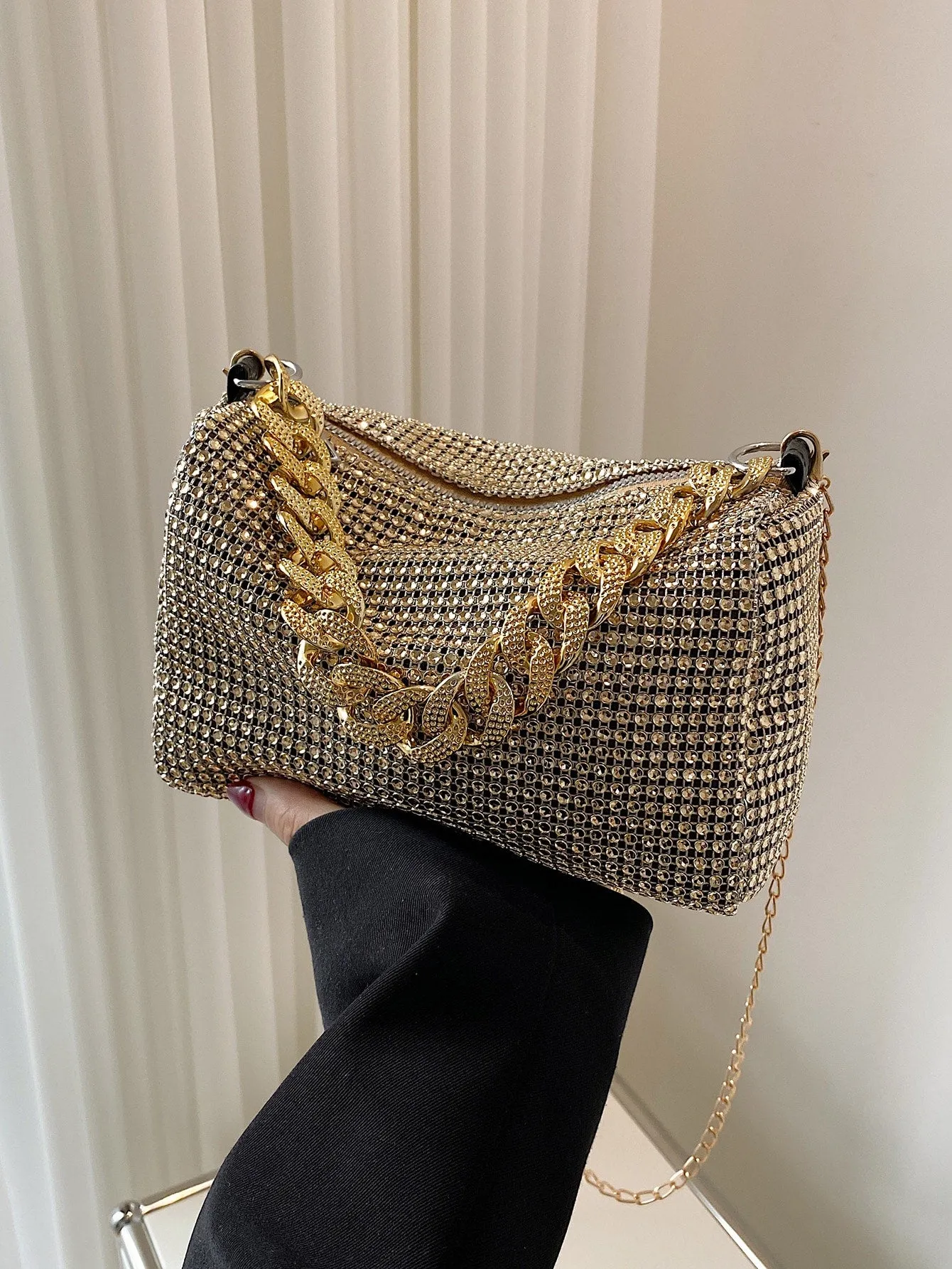 Mini Rhinestone Decor Square Bag - Golden