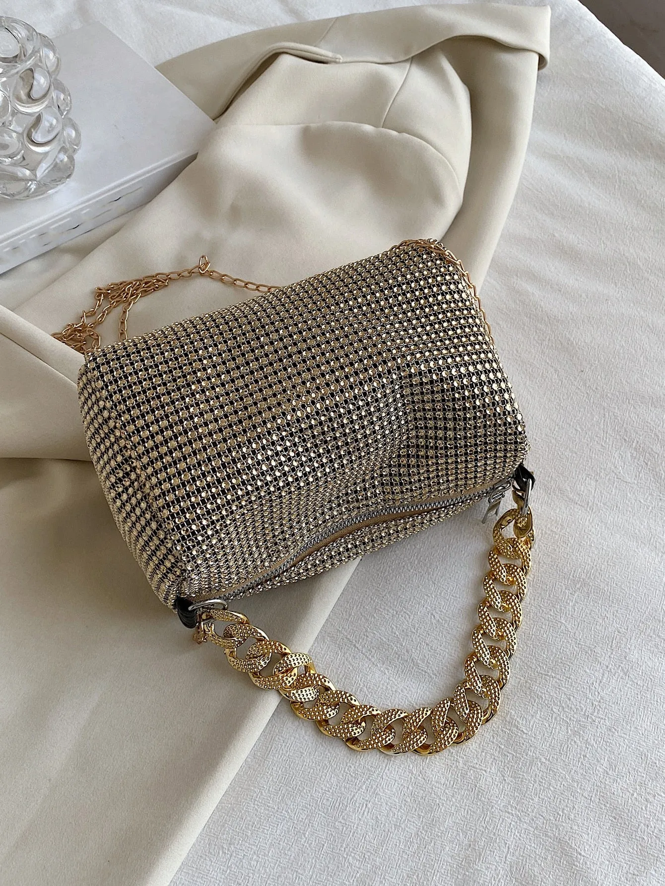 Mini Rhinestone Decor Square Bag - Golden