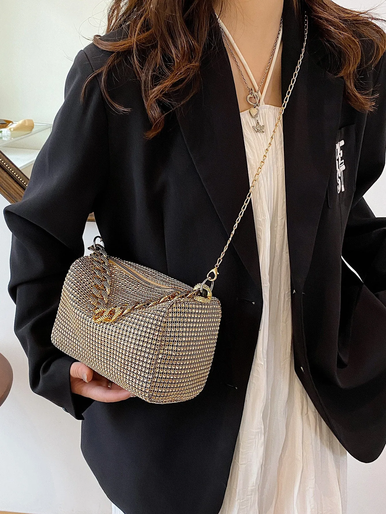 Mini Rhinestone Decor Square Bag - Golden