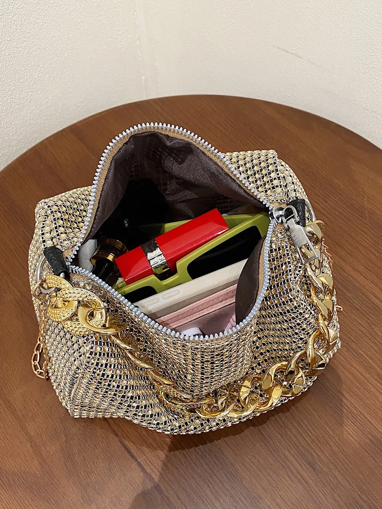 Mini Rhinestone Decor Square Bag - Golden