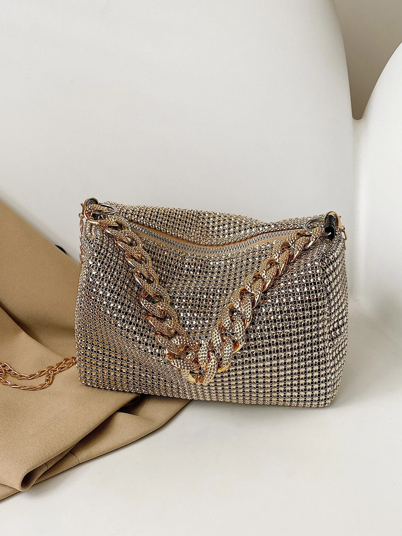 Mini Rhinestone Decor Square Bag - Golden