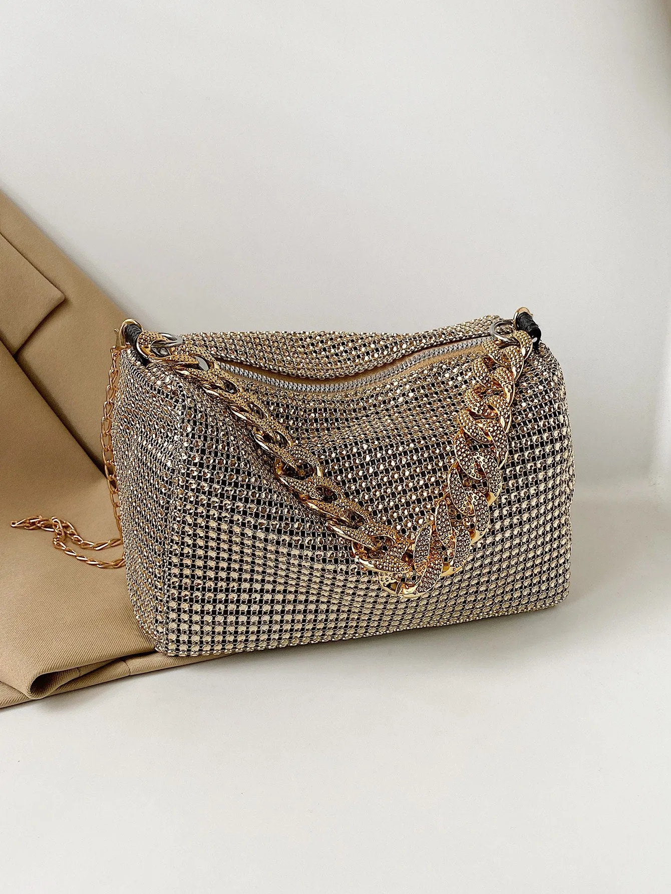 Mini Rhinestone Decor Square Bag - Golden