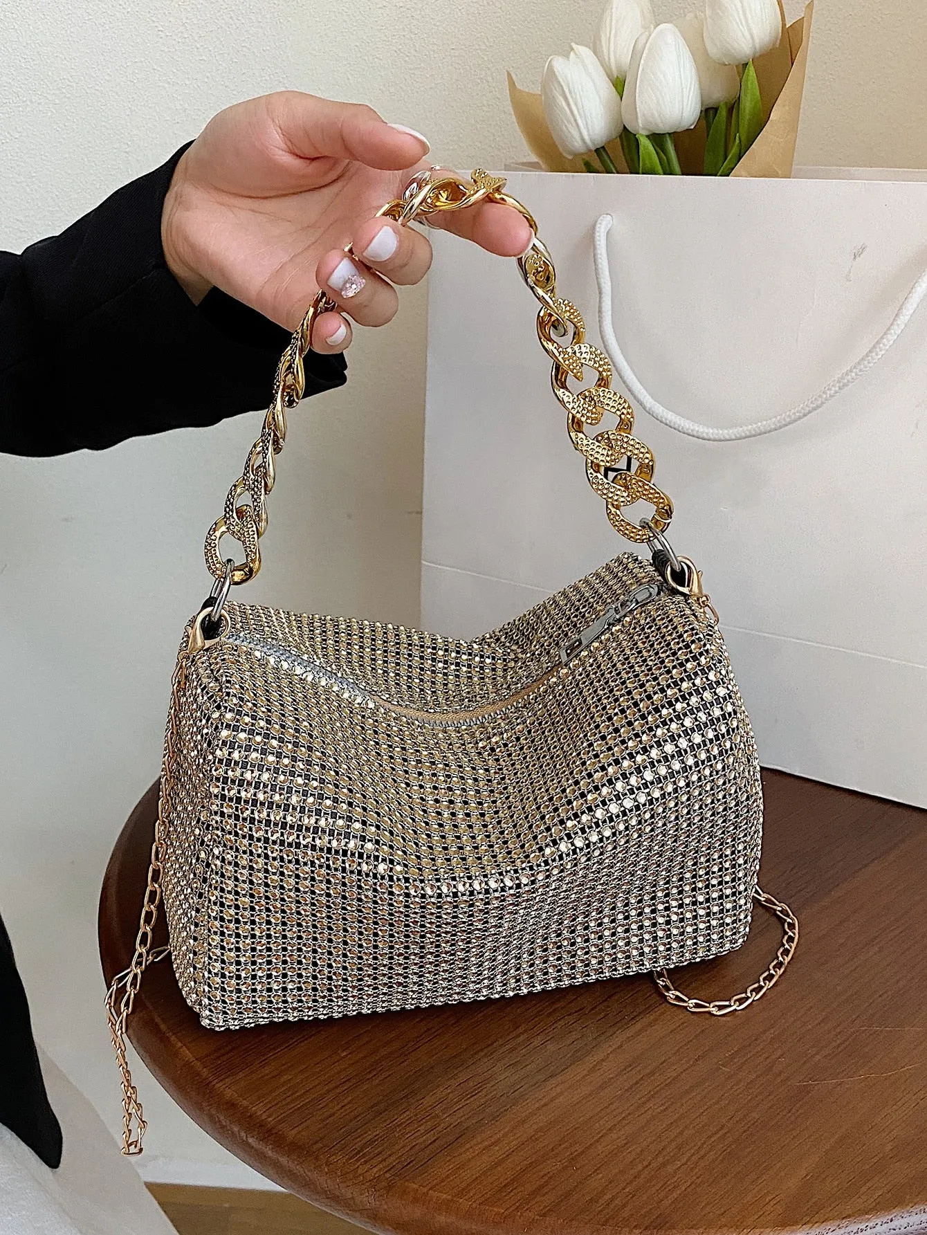 Mini Rhinestone Decor Square Bag - Golden
