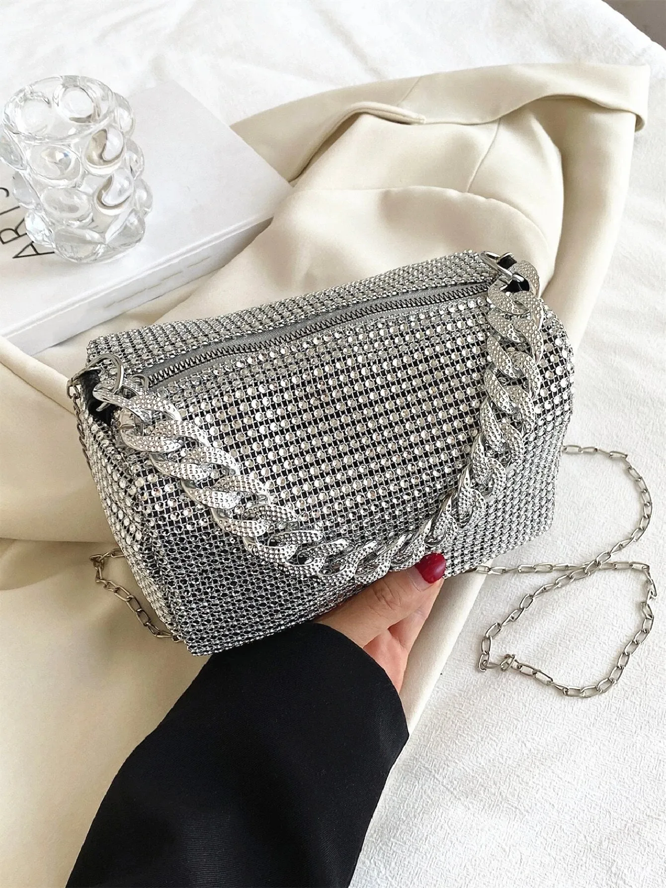 Mini Rhinestone Decor Square Bag  - Silver- FD ⚡