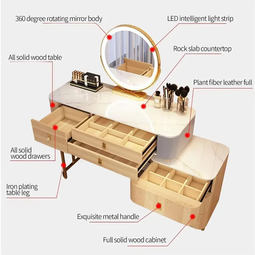 Modern Makeup Vanity with LED Mirror, 6 Drawers, Rock Slab Countertop, and Storage Chair