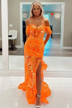 Off The Shoulder Lace Appliques Long Prom Dress with Feathers