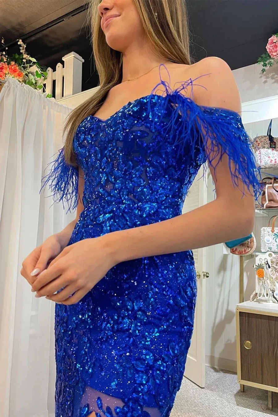 Off The Shoulder Lace Appliques Long Prom Dress with Feathers