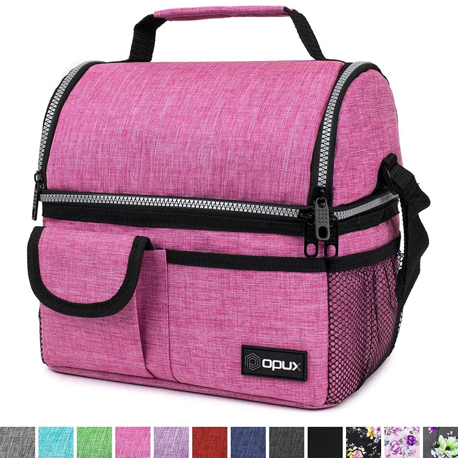 OPUX Insulated Dual Compartment Lunch Bag for Women | Double Deck Reusable Lunch Pail Cooler Bag with Shoulder Strap, Soft Leakproof Liner | Large Lunch Box Tote for Work, School (Pink)