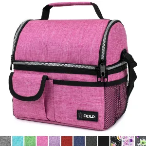 OPUX Insulated Dual Compartment Lunch Bag for Women | Double Deck Reusable Lunch Pail Cooler Bag with Shoulder Strap, Soft Leakproof Liner | Large Lunch Box Tote for Work, School (Pink)