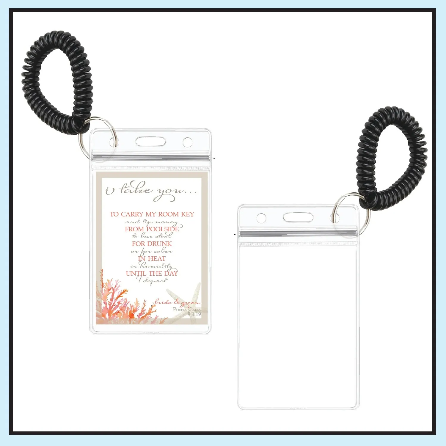 Personalized Destination Wedding Room Key Holder and Itinerary - Living Coral