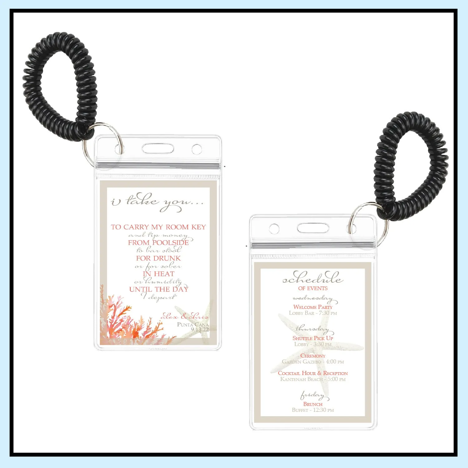 Personalized Destination Wedding Room Key Holder and Itinerary - Living Coral