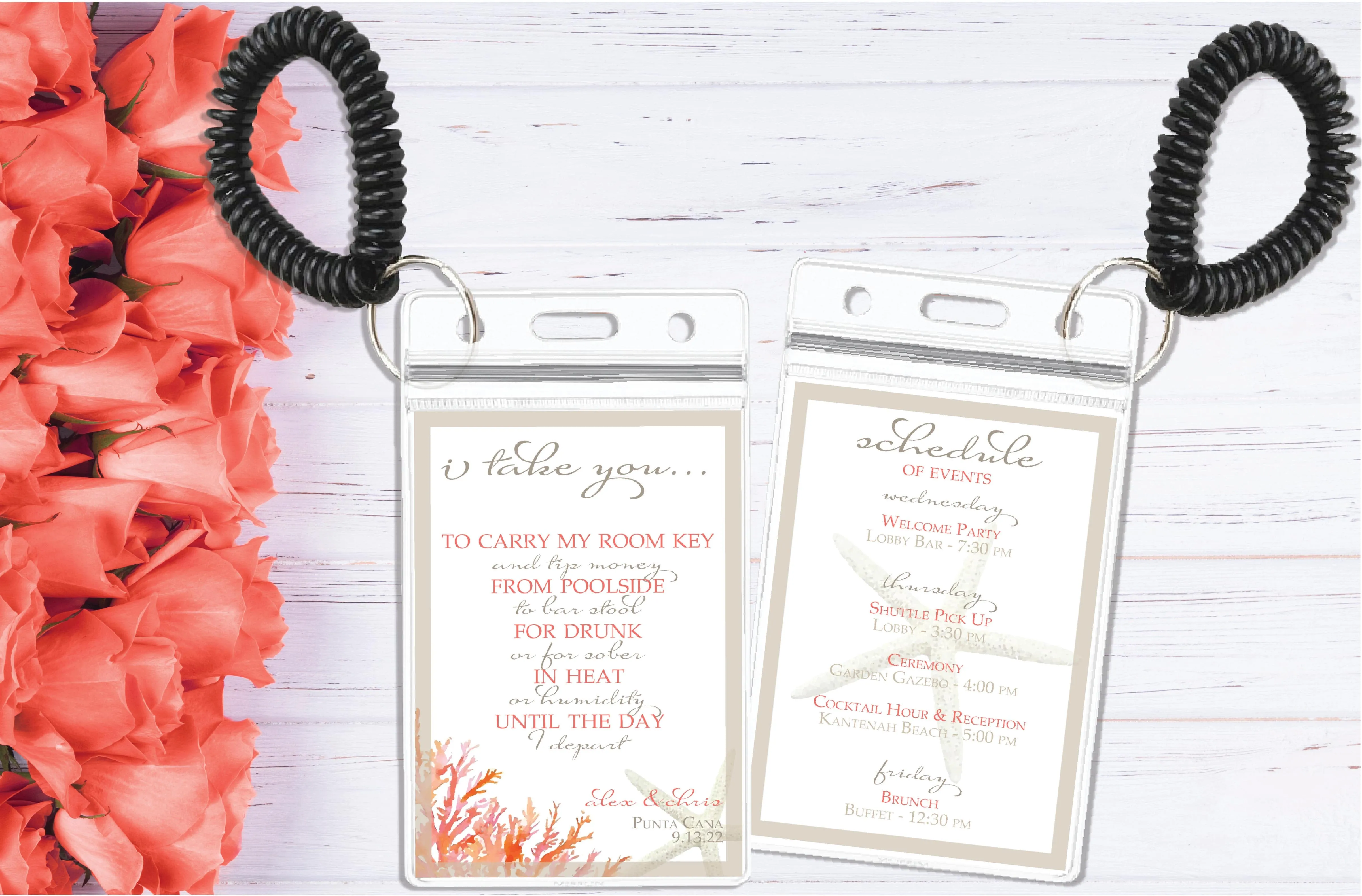 Personalized Destination Wedding Room Key Holder and Itinerary - Living Coral