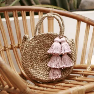 Petite Luna Bag - Round Straw Tote Bag with Blush Pink Tassels