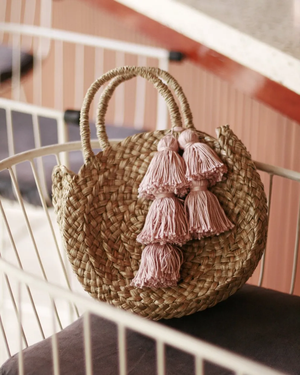 Petite Luna Bag - Round Straw Tote Bag with Blush Pink Tassels