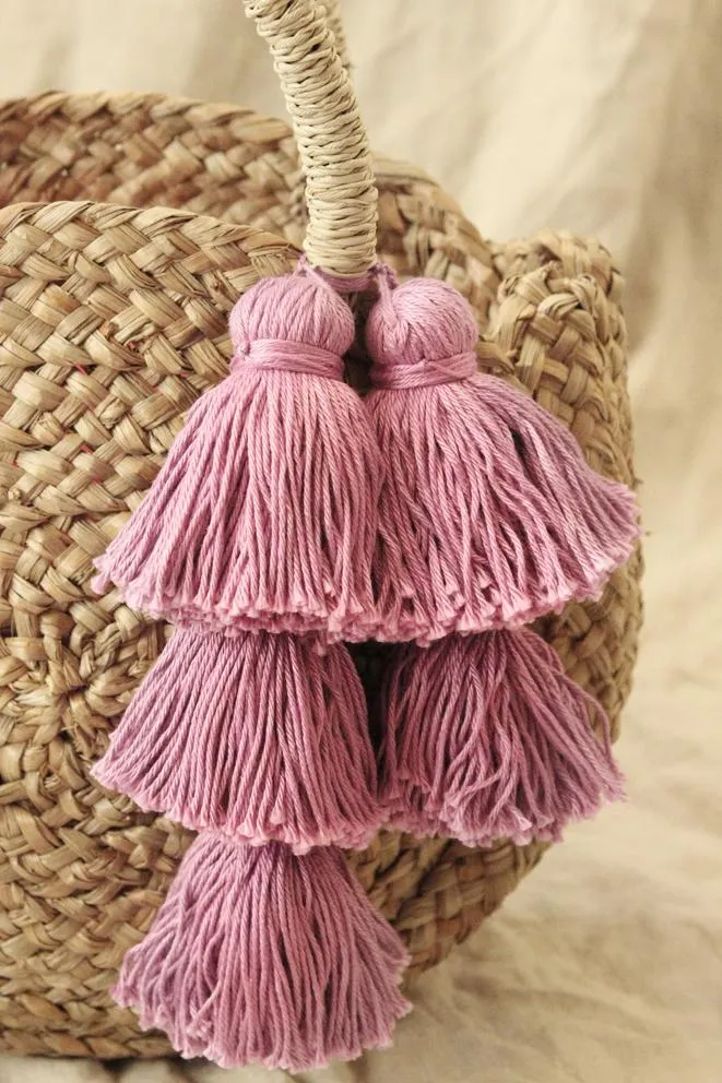 Petite Luna Bag - Round Straw Tote Bag with Lavender Purple Tassels