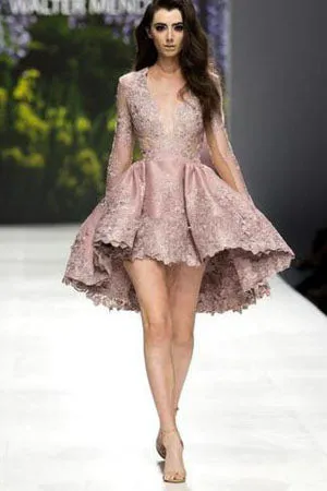 Pink Stylish A-Line Deep V-Neck Long Sleeve High Low Homecoming Dress, SH390